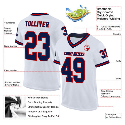Custom White Navy-Red Mesh Authentic Throwback Football Jersey - Sky-Custom