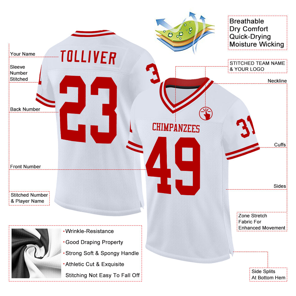 Custom White Red Mesh Authentic Throwback Football Jersey - Sky-Custom