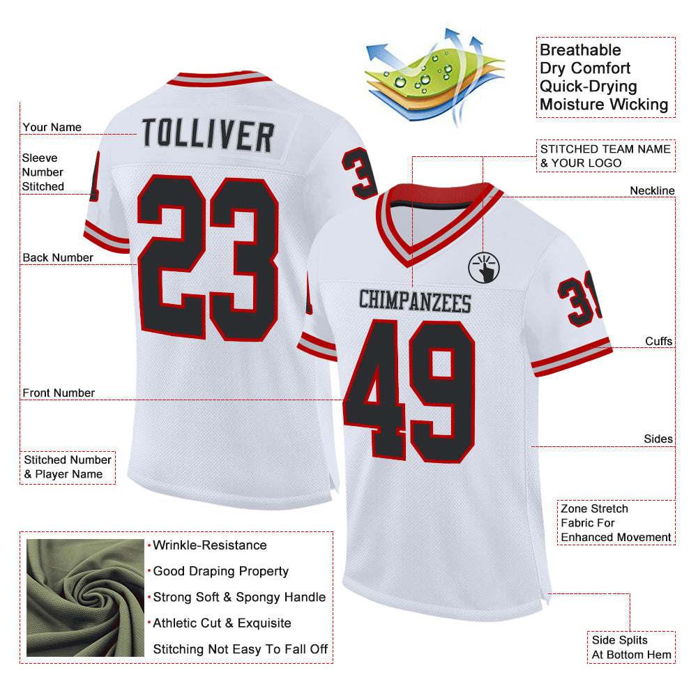 Custom White Black Red-Gray Mesh Authentic Throwback Football Jersey - Sky-Custom