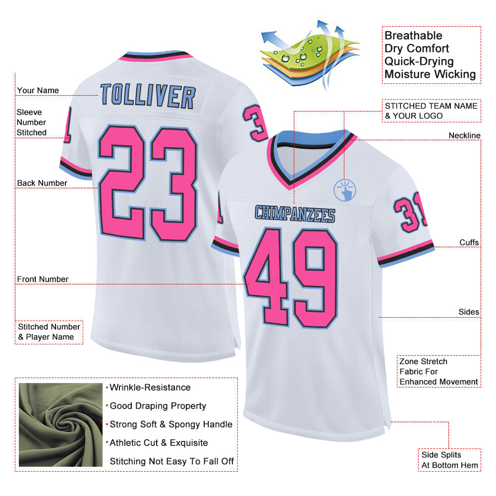 Custom White Pink Black-Light Blue Mesh Authentic Throwback Football Jersey - Sky-Custom