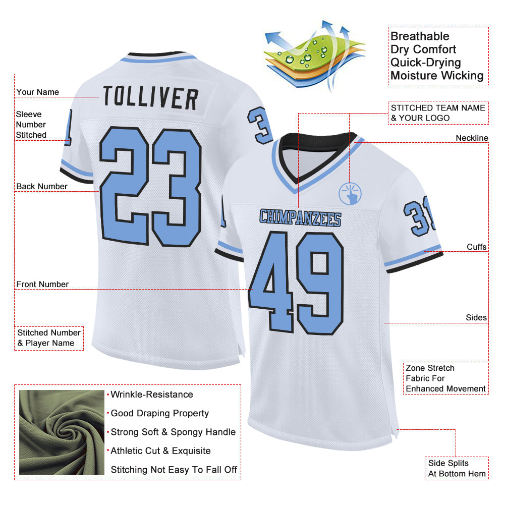 Custom White Light Blue-Black Mesh Authentic Throwback Football Jersey - Sky-Custom