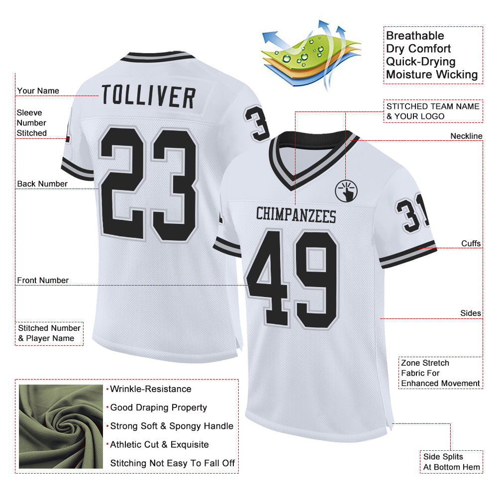 Custom White Black-Gray Mesh Authentic Throwback Football Jersey - Sky-Custom