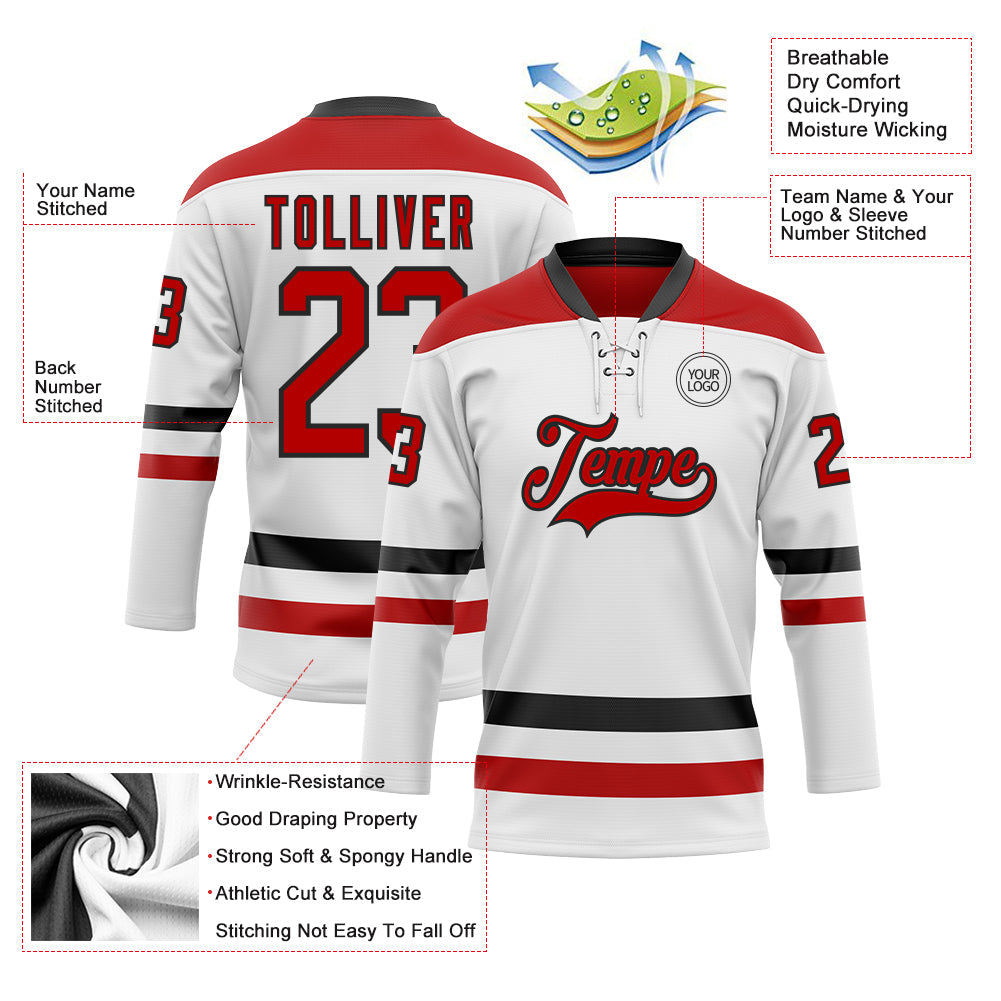 Custom White Red-Black Hockey Lace Neck Jersey - Sky-Custom