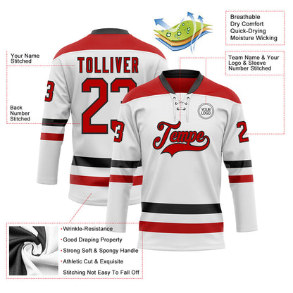Custom White Red-Black Hockey Lace Neck Jersey - Sky-Custom