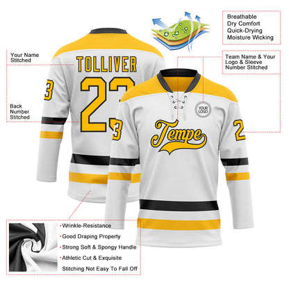 Custom White Gold-Black Hockey Lace Neck Jersey - Sky-Custom