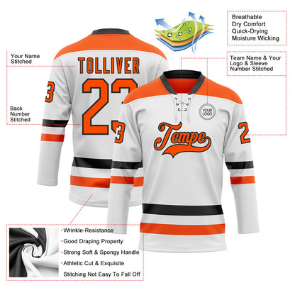 Custom White Orange-Black Hockey Lace Neck Jersey - Sky-Custom