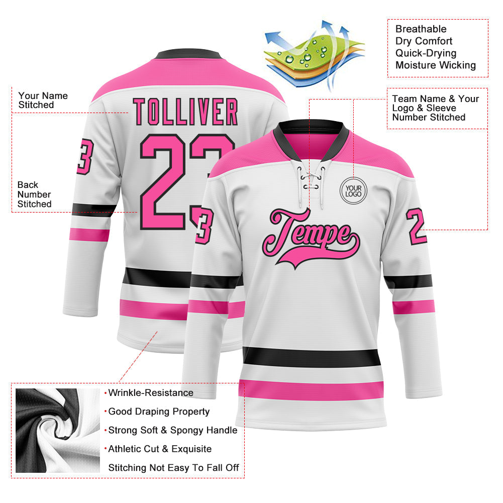 Custom White Pink-Black Hockey Lace Neck Jersey - Sky-Custom