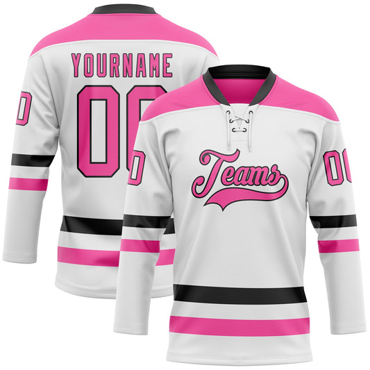 Custom White Pink-Black Hockey Lace Neck Jersey - Sky-Custom
