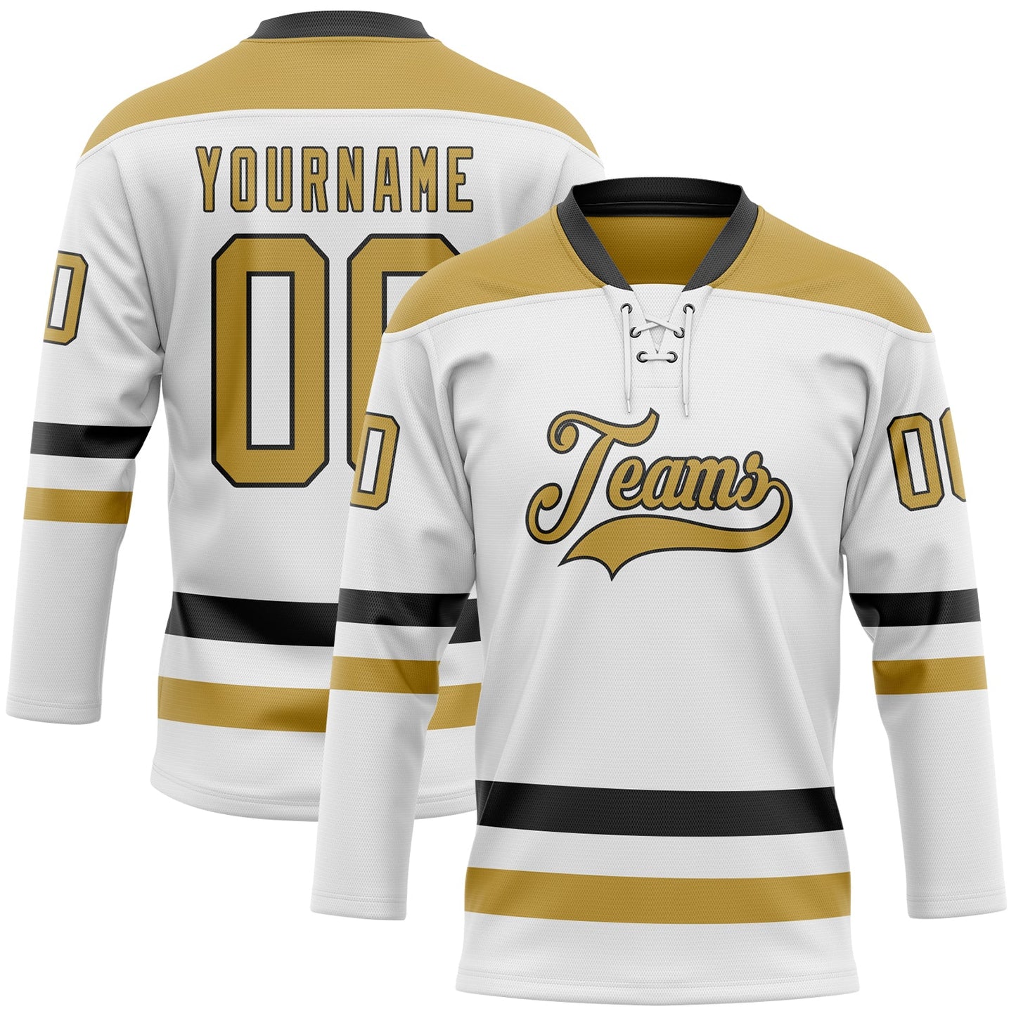 Custom White Old Gold-Black Hockey Lace Neck Jersey - Sky-Custom