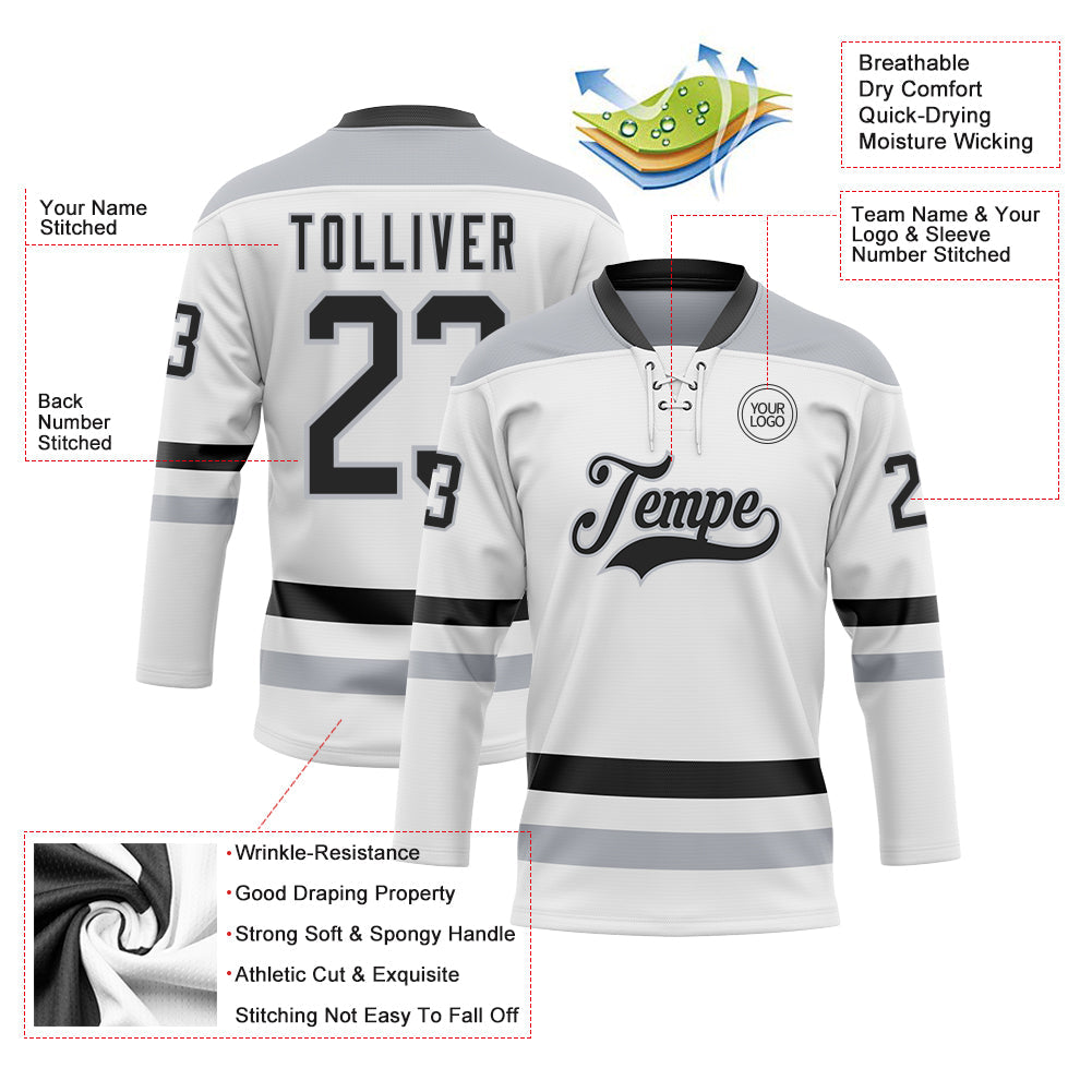 Custom White Black-Gray Hockey Lace Neck Jersey - Sky-Custom