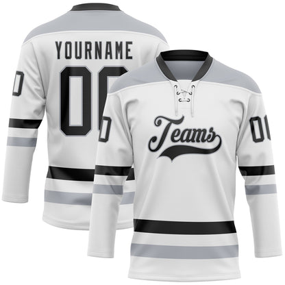 Custom White Black-Gray Hockey Lace Neck Jersey - Sky-Custom