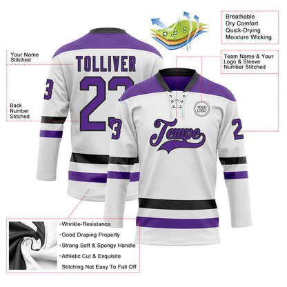 Custom White Purple-Black Hockey Lace Neck Jersey - Sky-Custom
