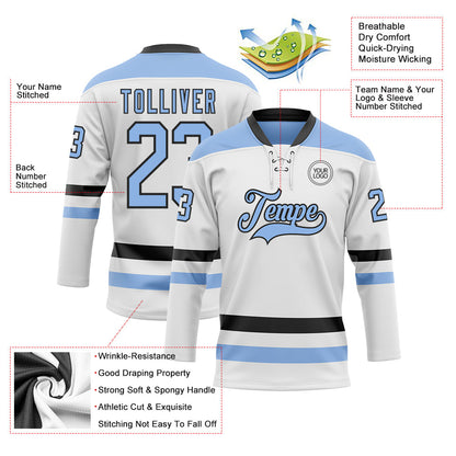 Custom White Light Blue-Black Hockey Lace Neck Jersey - Sky-Custom