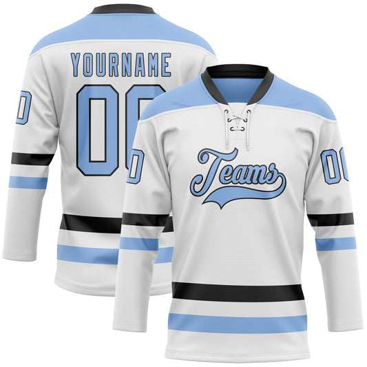 Custom White Light Blue-Black Hockey Lace Neck Jersey - Sky-Custom