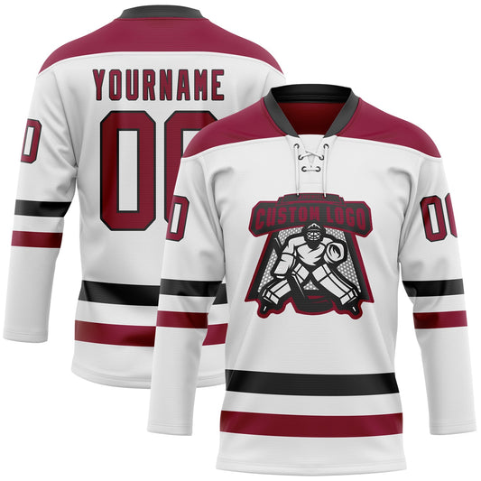 Custom White Maroon-Black Hockey Lace Neck Jersey - Sky-Custom