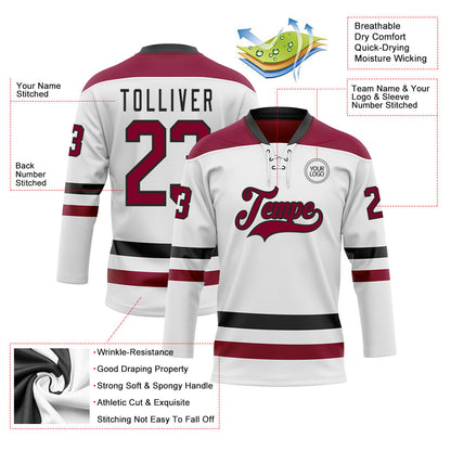 Custom White Maroon-Black Hockey Lace Neck Jersey - Sky-Custom