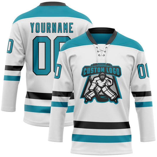 Custom White Teal-Black Hockey Lace Neck Jersey - Sky-Custom