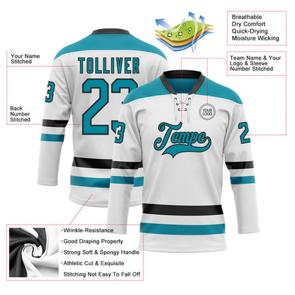 Custom White Teal-Black Hockey Lace Neck Jersey - Sky-Custom