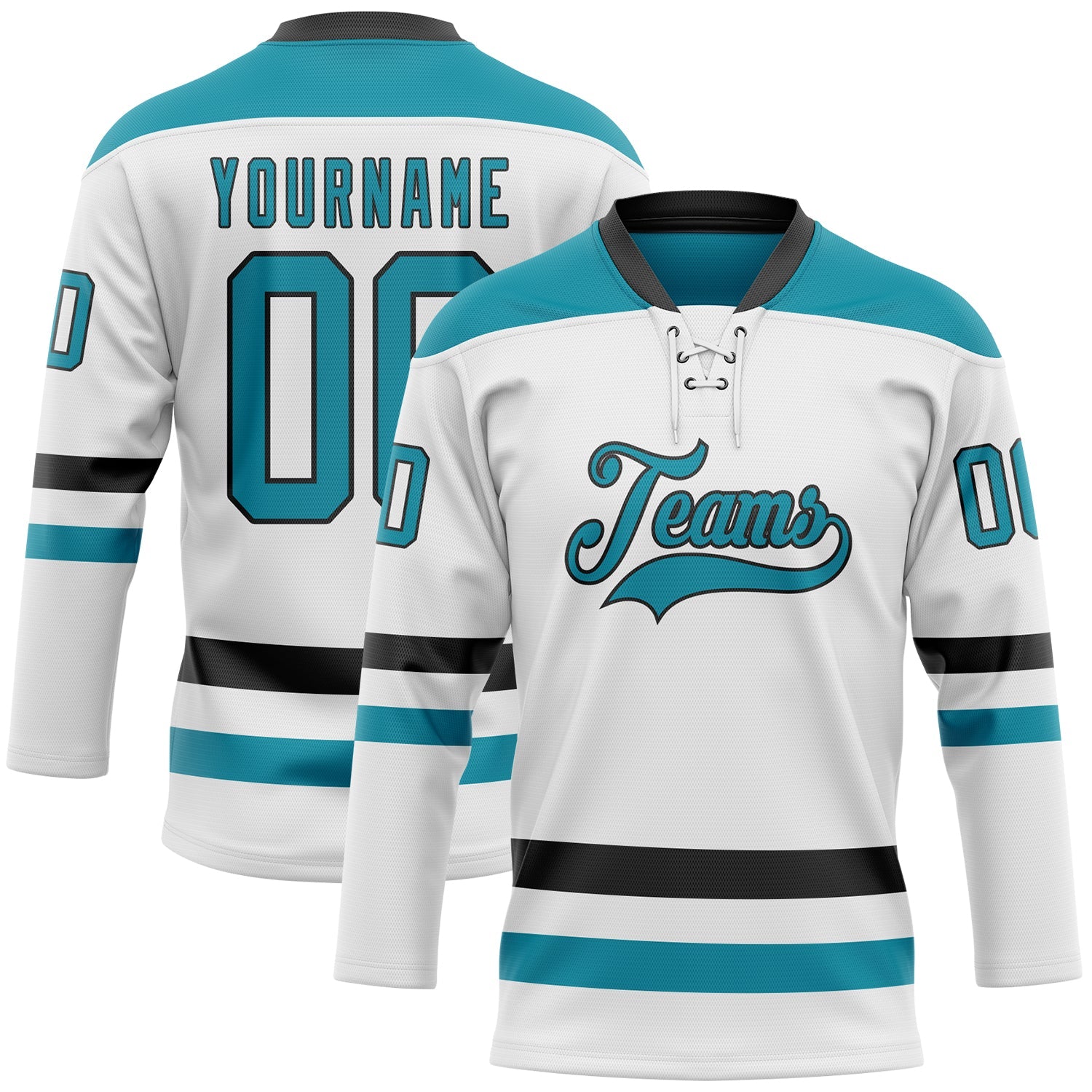 Custom White Teal-Black Hockey Lace Neck Jersey - Sky-Custom