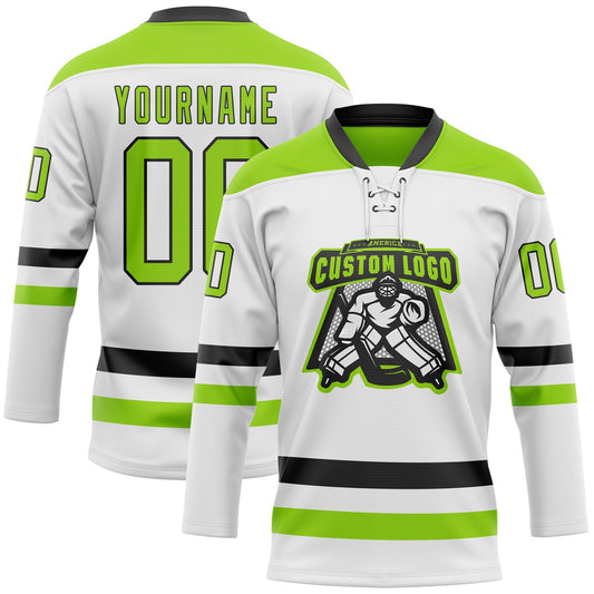 Custom White Neon Green-Black Hockey Lace Neck Jersey - Sky-Custom