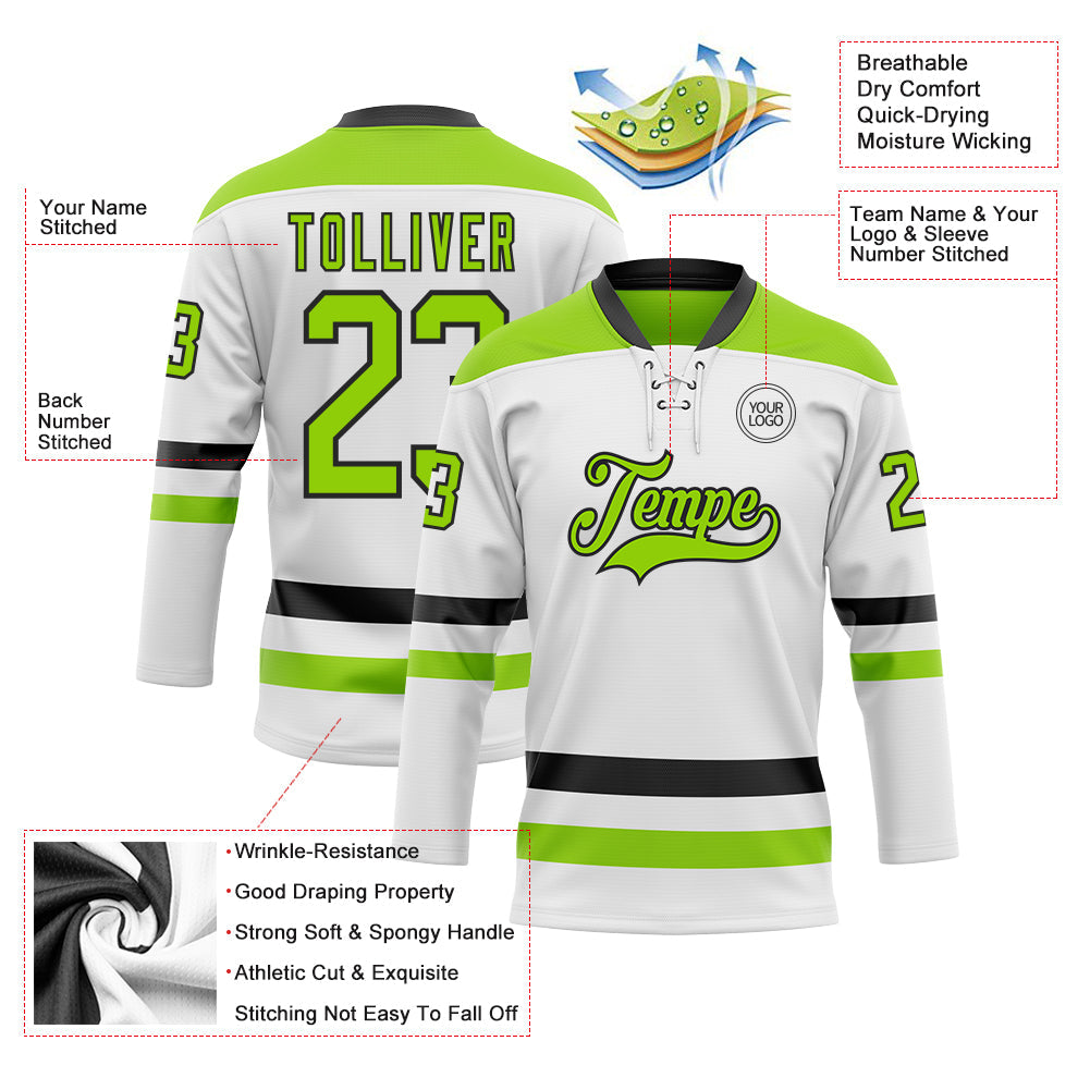 Custom White Neon Green-Black Hockey Lace Neck Jersey - Sky-Custom