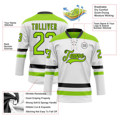 Custom White Neon Green-Black Hockey Lace Neck Jersey - Sky-Custom