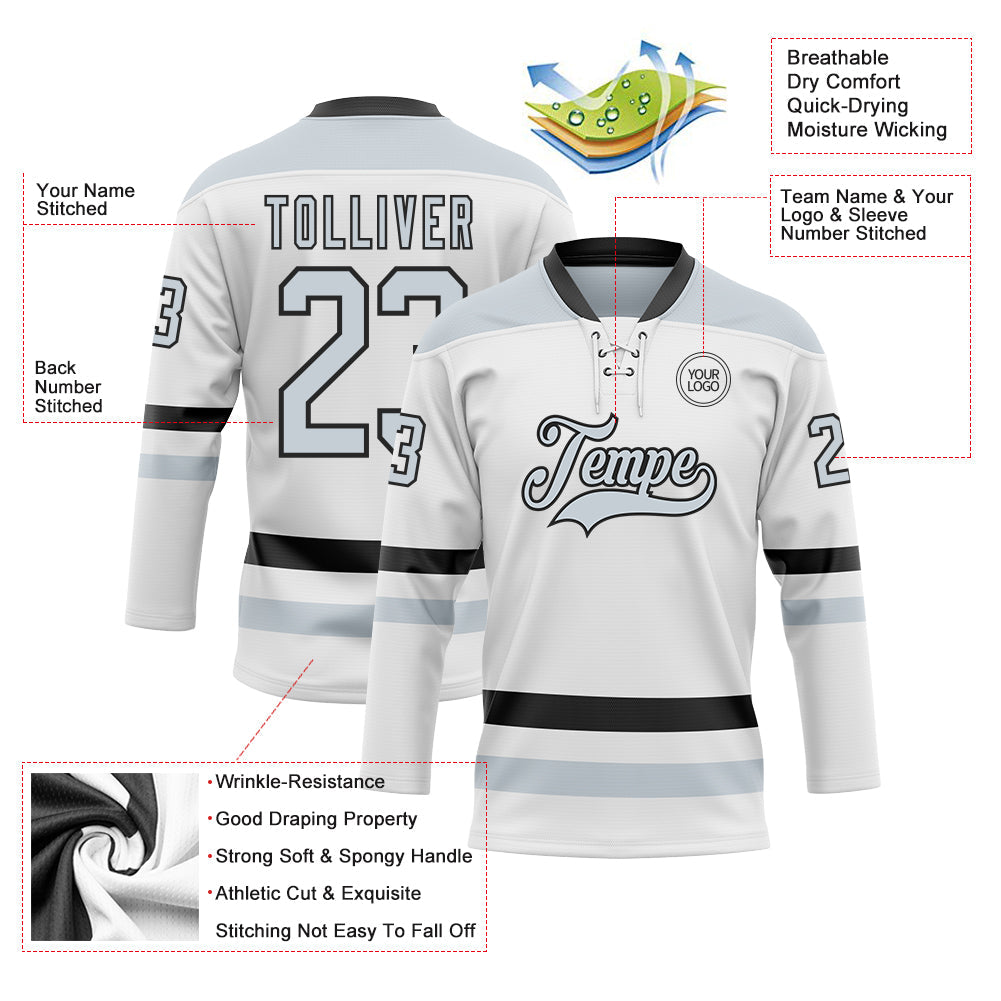 Custom White Silver-Black Hockey Lace Neck Jersey - Sky-Custom