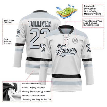 Custom White Silver-Black Hockey Lace Neck Jersey - Sky-Custom