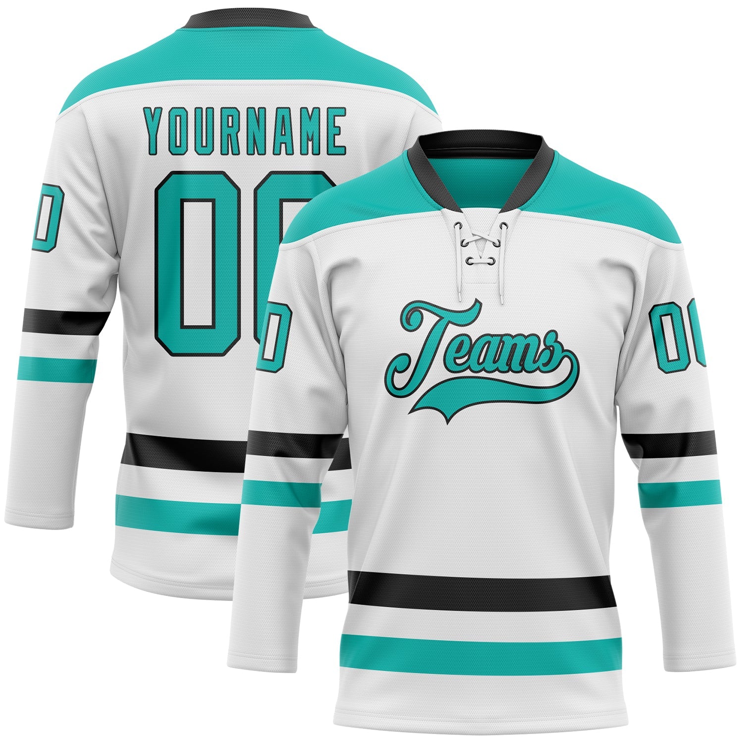 Custom White Aqua-Black Hockey Lace Neck Jersey - Sky-Custom