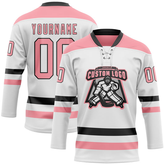 Custom White Medium Pink-Black Hockey Lace Neck Jersey - Sky-Custom