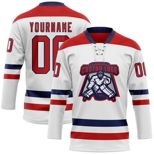 Custom White Red-Navy Hockey Lace Neck Jersey - Sky-Custom