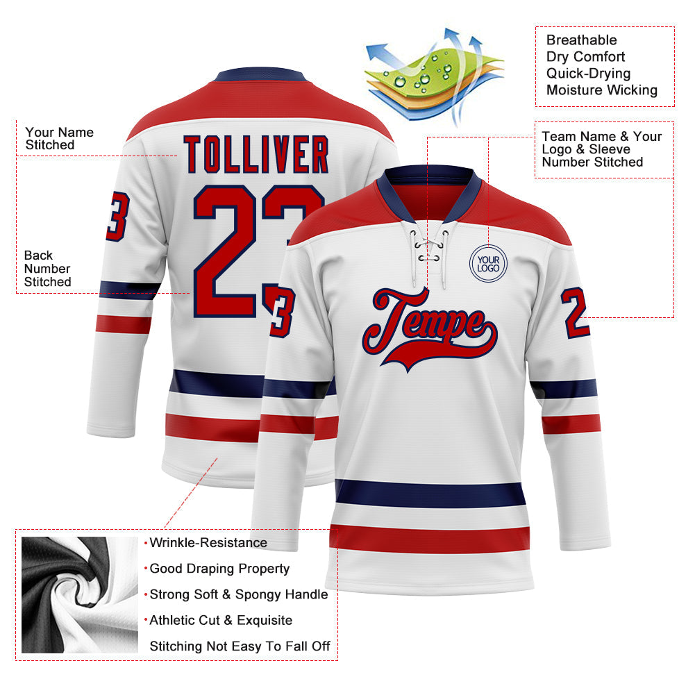 Custom White Red-Navy Hockey Lace Neck Jersey - Sky-Custom