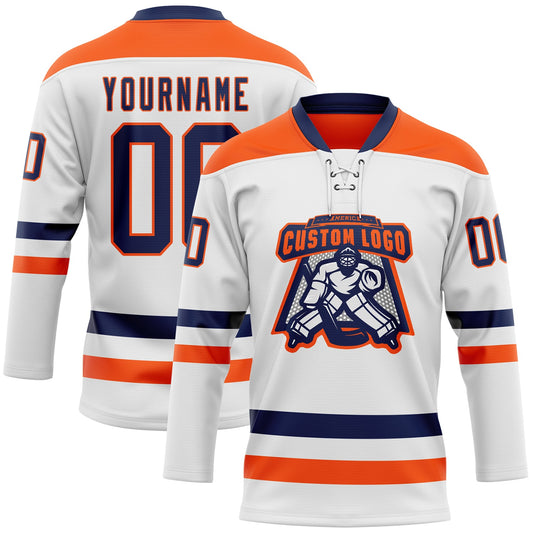 Custom White Navy-Orange Hockey Lace Neck Jersey - Sky-Custom