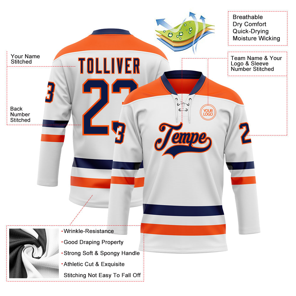 Custom White Navy-Orange Hockey Lace Neck Jersey - Sky-Custom