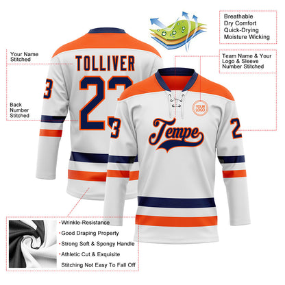 Custom White Navy-Orange Hockey Lace Neck Jersey - Sky-Custom