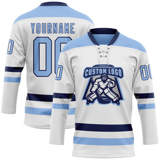 Custom White Light Blue-Navy Hockey Lace Neck Jersey - Sky-Custom