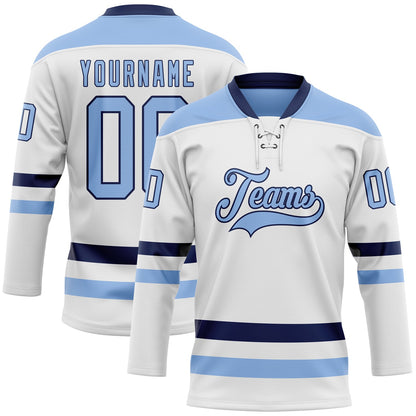Custom White Light Blue-Navy Hockey Lace Neck Jersey - Sky-Custom