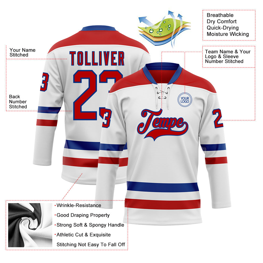 Custom White Red-Royal Hockey Lace Neck Jersey - Sky-Custom