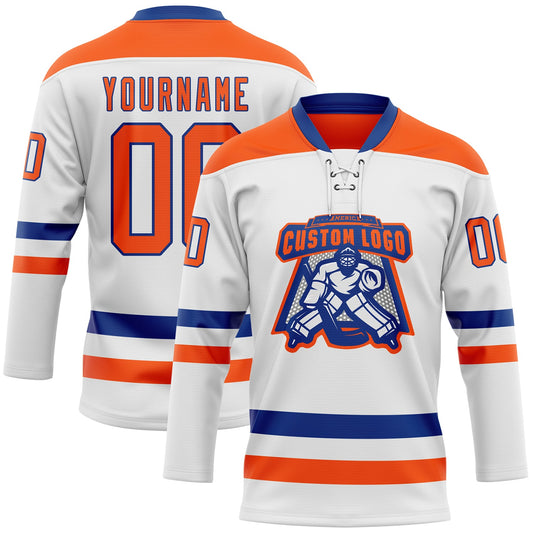 Custom White Orange-Royal Hockey Lace Neck Jersey - Sky-Custom