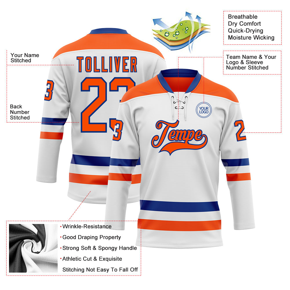 Custom White Orange-Royal Hockey Lace Neck Jersey - Sky-Custom
