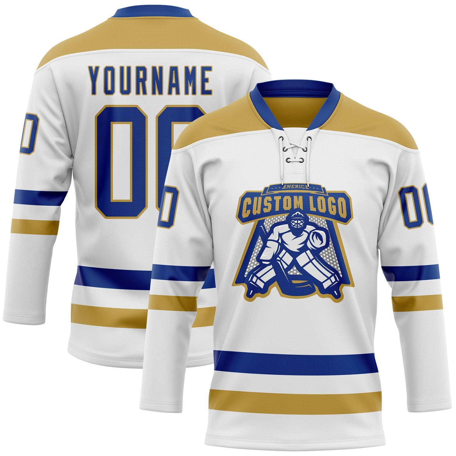 Custom White Royal-Old Gold Hockey Lace Neck Jersey - Sky-Custom