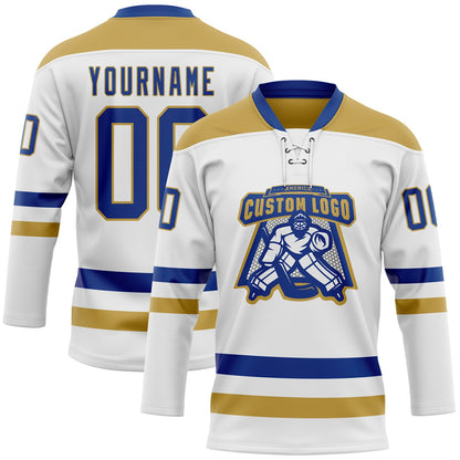 Custom White Royal-Old Gold Hockey Lace Neck Jersey - Sky-Custom