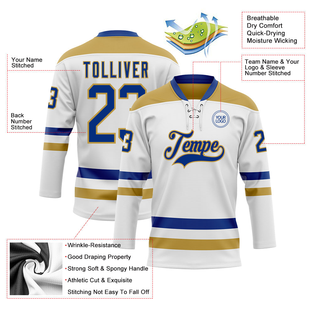Custom White Royal-Old Gold Hockey Lace Neck Jersey - Sky-Custom
