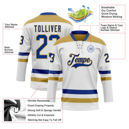Custom White Royal-Old Gold Hockey Lace Neck Jersey - Sky-Custom
