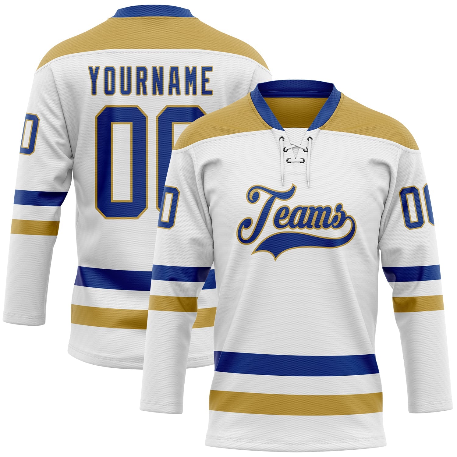 Custom White Royal-Old Gold Hockey Lace Neck Jersey - Sky-Custom