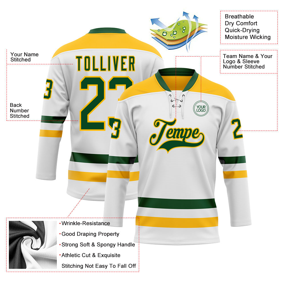 Custom White Green-Gold Hockey Lace Neck Jersey - Sky-Custom