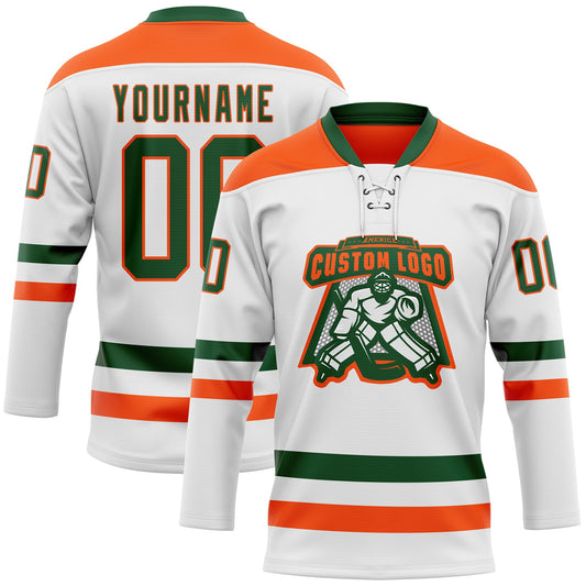 Custom White Green-Orange Hockey Lace Neck Jersey - Sky-Custom