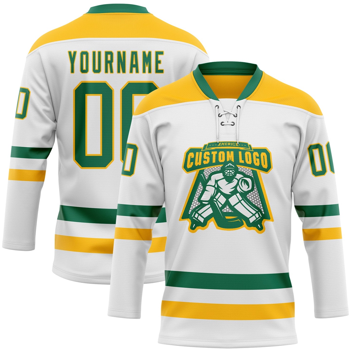 Custom White Kelly Green-Gold Hockey Lace Neck Jersey - Sky-Custom