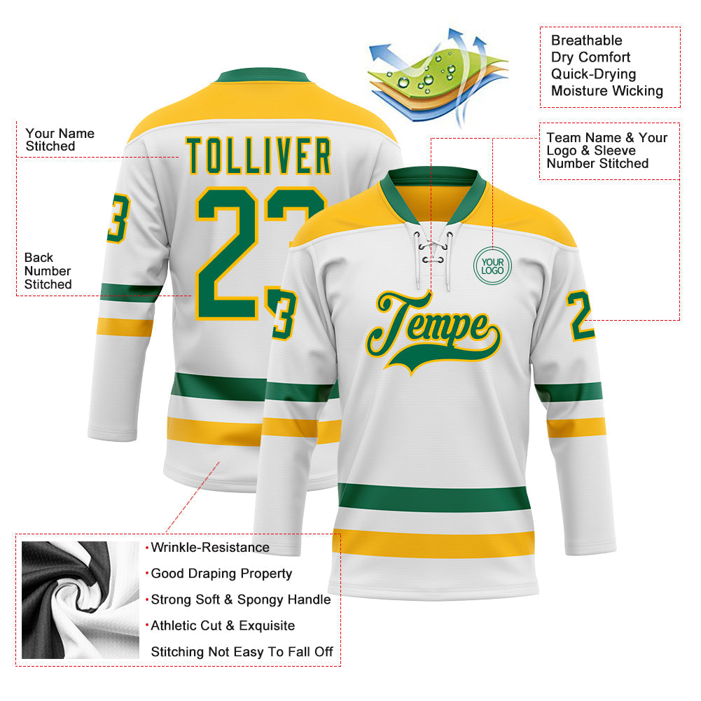 Custom White Kelly Green-Gold Hockey Lace Neck Jersey - Sky-Custom