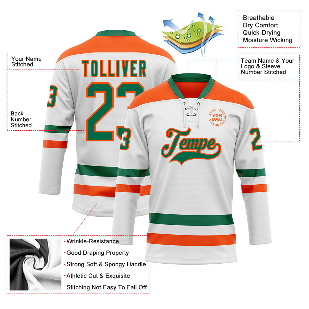 Custom White Kelly Green-Orange Hockey Lace Neck Jersey - Sky-Custom